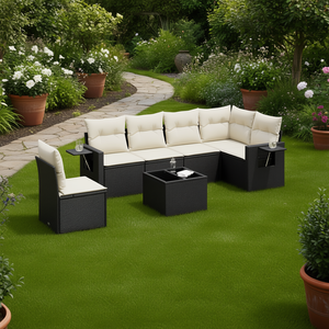 Cream White And Black Garden Sofa <b>Set</b> With <b>Side</b> <b>Tables</b> 6 Seater Rattan Outdoor Furniture Contemporary Design - Product Image 2