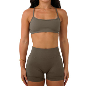 Ensemble de yoga sans couture transfrontalier, col en V, leggings taille haute, 2 pièces, couleur unie, tenue de fitness pour femmes, course en plein air, sport - Product Image 3