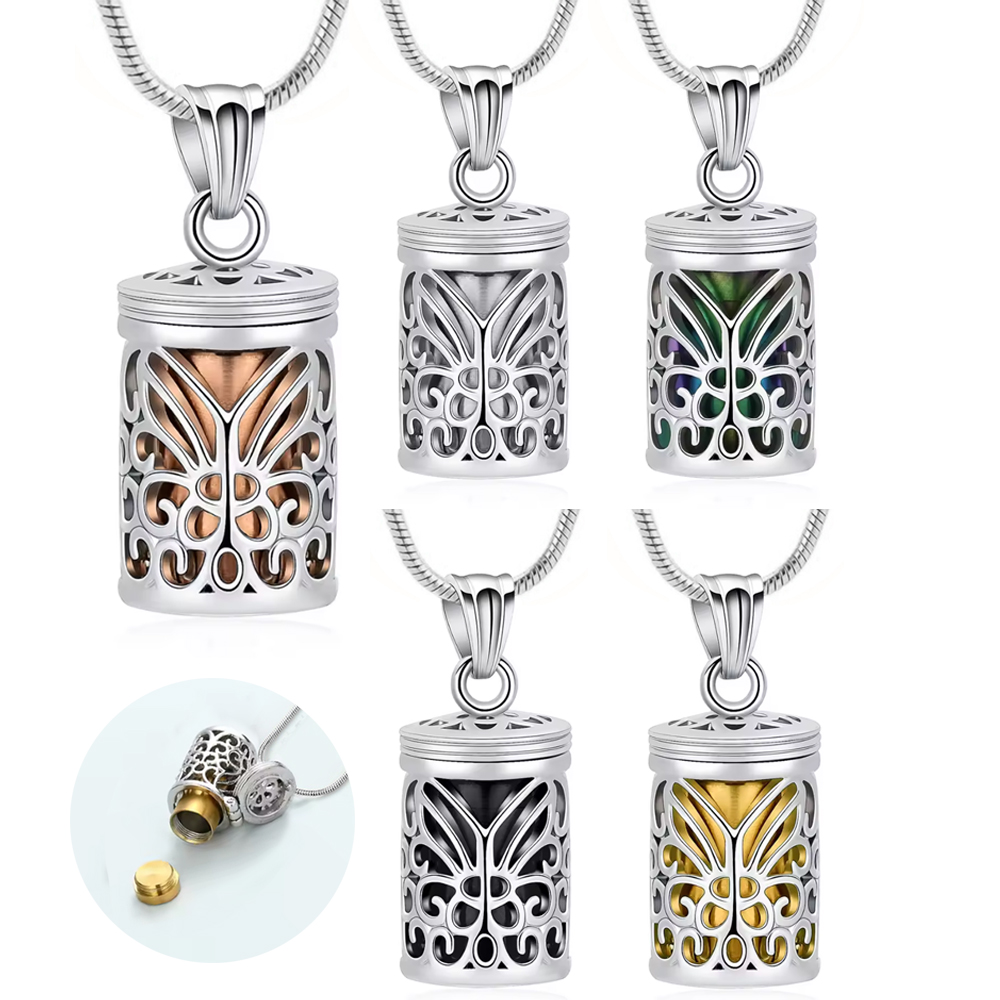 Collana Urna A Farfalla In Acciaio Inox Con Fiore Cavo Per Ceneri - Gioiello Commemorativo Portacenere Per Donna, Ricordo Per Sempre - 4