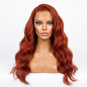 Peluca de Fibra Resistente al Calor con Ondas Sueltas <span class=keywords><strong>Rojo</strong></span> Auburn, Encaje Frontal 13x4 Transparente, para Mujer - Product Image 1