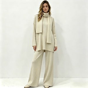 Maglia a coste in Cashmere 3 pezzi maglione da donna oversize pantaloni larghi sciarpa abbigliamento donna inverno caldo - Product Image 1