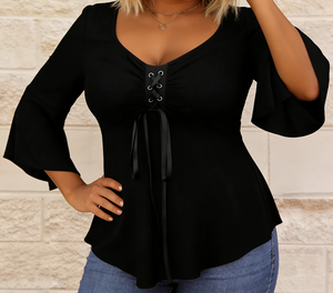 Plus Size Solid Black Casual Lace Flare Sleeve V-<b>neck</b> Button <b>Blouse</b> for Women with Ruched Front <b>Tie</b> Knot Spring/Summer/Autumn - Product Image 1