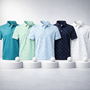 เสื้อกอล์ฟพิมพ์ลายกราฟิก OEM ผ้าโพลีเอสเตอร์ 100% ระบายอากาศ แห้งเร็ว ปักโลโก้ตามสั่ง - Product Image 1