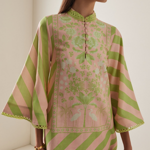 Vestido Mini Tipo Túnica con Estampado Floral Tropical de Rayas Rosa y Verde, Cuello Alto, Manga Campana, Ribete de Encaje, Holgado, para Vacaciones, para Mujer - Product Image 2