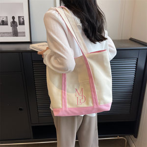 Bolso bandolera de lona Vintage de dos tonos para mujer, bolso de compras de lona de algodón, bolso de mano de lona bordado con monograma, bolso de playa - Product Image 2