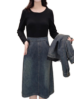 Costume manteau en jean à manches longues vintage vieilli personnalisé ensemble veste en jean jupes pour femmes à la mode taille moyenne