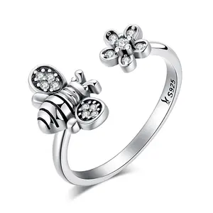 925 Silver Bee Rings Jewelry Adjustable for Women CZ Zirconia Gemstone Flower Bumble bee Open Ring