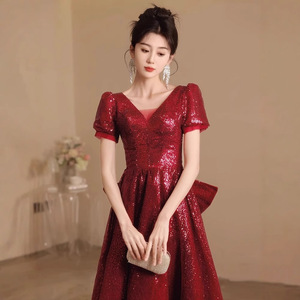 <b>Red</b> <b>Sequined</b> Evening Gown Sweetheart Neckline Empire Waist Claret Color Coming Of Age Ceremony Dress - Product Image 2