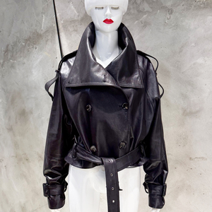 Double Breasted Vintage Black <strong>Jackets</strong> Genuine Sheep Leather <strong>Jacket</strong> Oversized Motor <strong>Women</strong> <strong>Jacket</strong> - Product Image 2