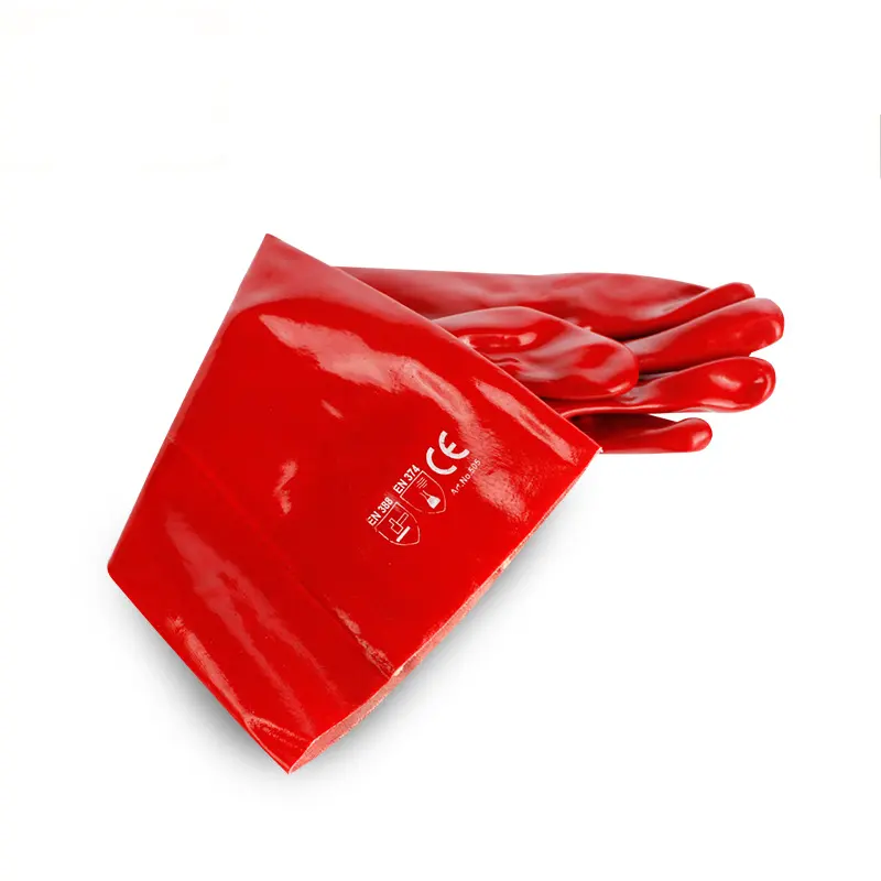 लाल पीवीसी फैक्टरी लंबी आस्तीन Acide तेल रासायनिक प्रतिरोधी पीवीसी लेपित निविड़ अंधकार दस्ताने