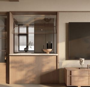 Armoire de bar modulaire en bois SANTOPOVA avec structure encadrée de verre et rangement ouvert - Product Image 1