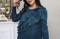 Robe de soirée plissée bleu foncé de luxe à col rond pour femme Miyake, longue, douce, à volants superposés, modeste, pour l'église, avec manches longues