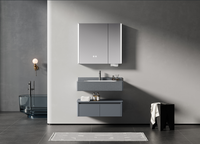 Meuble de salle de bain moderne avec miroir LED en contreplaqué gris, vasque, miroir de maquillage, organisateur de lavabo, meuble sous-vasque en pierre, mural