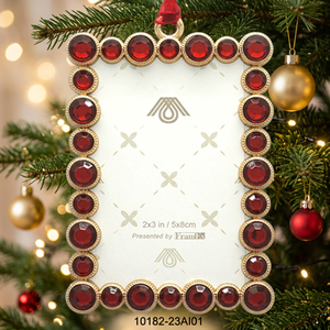 Luxury Rectangle Metal <b>Christmas</b> Ornament with Red Gemstones 2x3 in Handcrafted Indoor Decor - Product Image 2