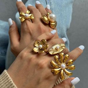 Hyperbole Size 6 7 8 316 Stainless Steel Hip Hop <b>Ring</b> 14k Gold Plated Flower <b>Pearl</b> <b>Rings</b> for Women - Product Image 1