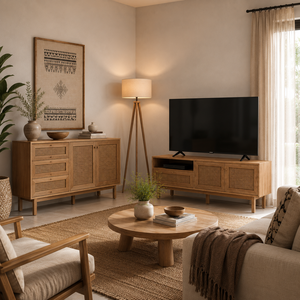 Buffet moderne en placage de bois avec finition brun naturel pour salon et salle à manger - Product Image 4