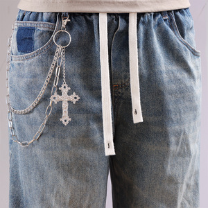 Chaîne de pantalon Yueli avec pendentif croix, chaîne de taille hip-hop double couche en argent tibétain, pour usage quotidien - Product Image 2