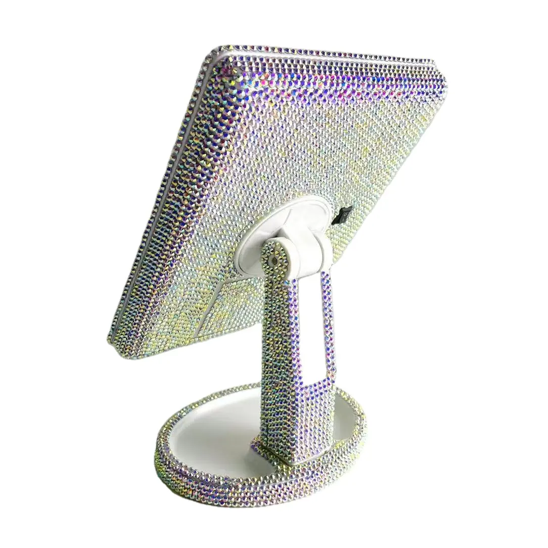 بلينغ حجر الراين الماس الفاخرة مرآة للماكياج الفنان LED مضاءة الجدول الأعلى البلاستيك مرآة بإطار