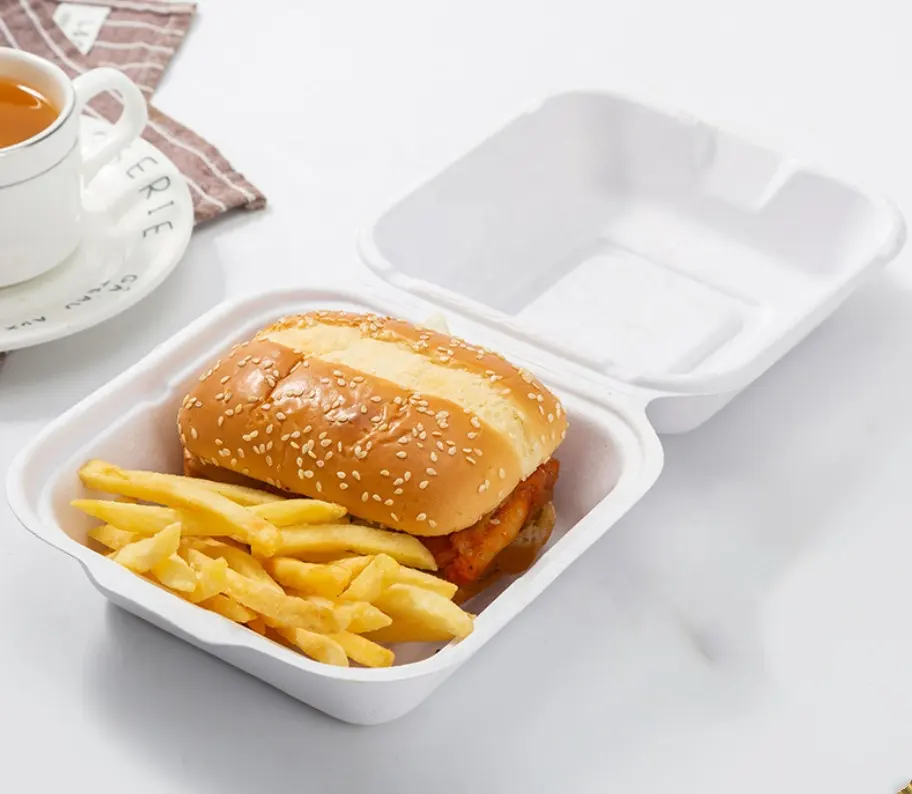 6 "450ml सीपी गन्ना बर्गर बॉक्स Biodegradable सफेद या भूरे रंग हैमबर्गर बॉक्स खोई हैमबर्गर Bento बक्से