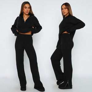 Conjuntos Deportivos de Suéteres de Punto con Media Cremallera y Pantalones Anchos Holgados para Mujer, Ideales para Otoño e Invierno - Product Image 3