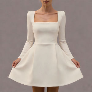 Elegant Customizable A-Line <b>Mini</b> Dress With Square Neck Long Sleeve Fitted Flared Hem Woven Polyester Casual Party Wear - Product Image 1