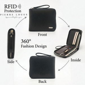 Pierre Loues <b>Men's</b> <b>RFID</b> <b>Wallet</b> Black Solid Color Multi-Card Zipper Business Clutch Wear-Resistant Anti-Theft Design - Product Image 1