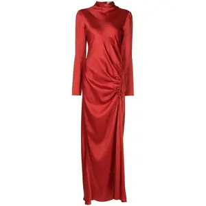 New Design Maxi Long Sleeve Stand Collar Maxi Custom Elegant Satin Dress For Women