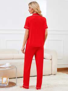 Ensemble de pyjama décontracté de luxe en modal pour femme - Chemise unie à <span class=keywords><strong>manches</strong></span> <span class=keywords><strong>courtes</strong></span> et pantalon long à taille élastique pour la maison (automne/hiver/printemps) - Product Image 6