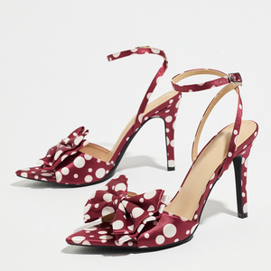 Sandales blanches vintage à pois à talons hauts, avec <span class=keywords><strong>grand</strong></span> nœud, bout pointu ouvert, bride cheville, escarpins à talon aiguille, chaussures de soirée - Product Image 1