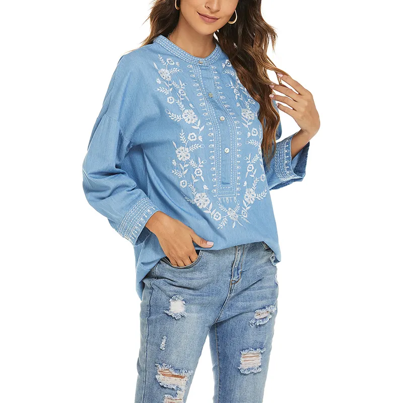 OEM Women's Casual Fashion Thin Denim Blue Shirt Embroidered Long Sleeve Top Blouse