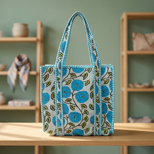 Sac fourre-tout matelassé en coton doux fait main, motif floral bleu, sacs de shopping à ouverture supérieure, sacs fourre-tout mignons pour le voyage et le quotidien - Product Image 2
