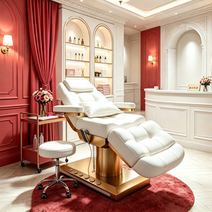 Cama de Belleza Eléctrica Moderna con Base de Acero Inoxidable Dorado, Control de Pie, 4 Motores, Cama de Masaje, Cama Facial - Product Image 1
