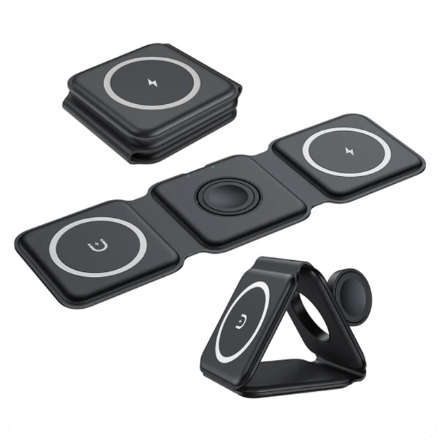 Portable 15W Fast Charging Wireless Charger PD Foldable 3 in 1 Magnetic Charging Station for Earphone & Mobile Phone