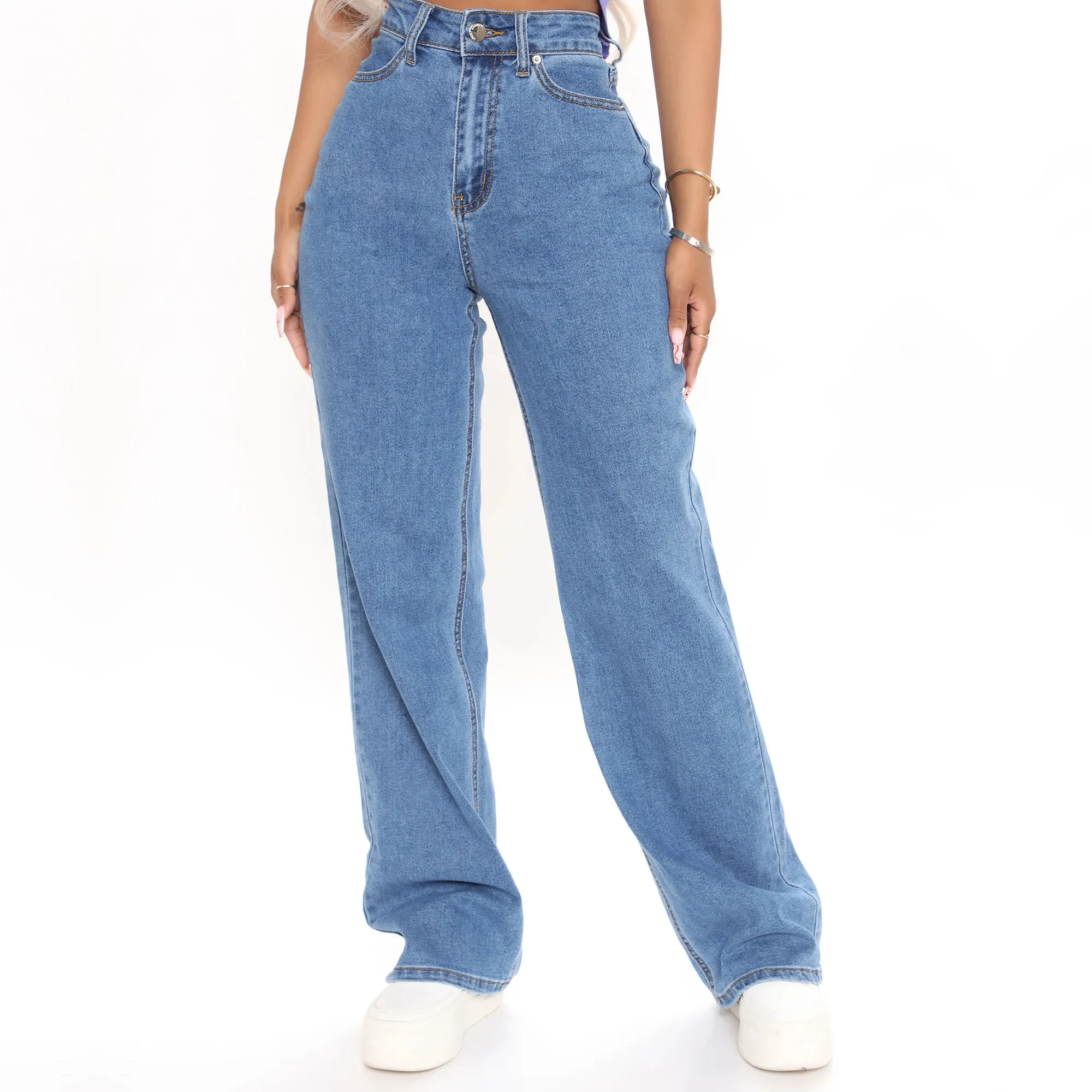 Hot Sale High Waist Cotton Mom Jeans Low MOQ Custom High Quality Wide Leg Plus Size Women Jeans Denim Pants