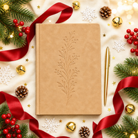Carnet personnalisé A5 en papier cartonné beige sable, motif botanique, reliure cousue, logo gaufré, 80 feuilles, cadeau d'entreprise