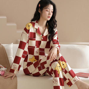 Новая красная клетчатая Пижама женские весенние и летние модели с принтом медведя можно носить на улице, удобная домашняя пижама - Product Image 4