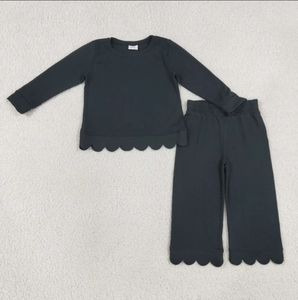 Vêtements de nuit pour petites filles, couleur unie, bordure festonnée, haut à manches longues, pantalon à jambes larges, tenue de pyjama décontractée pour la maison - Product Image 4