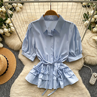 Chemisiers d'été pour femmes à manches courtes, col chemise, volants, taille à cordon, élégants, style peplum, pour le bureau