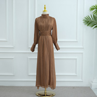 Robe islamique modeste pour femmes, robe longue plissée rose à col haut et manches bouffantes, vêtements islamiques