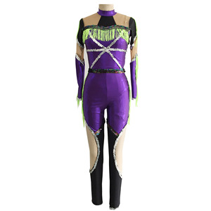 <span class=keywords><strong>Combinaison</strong></span> de danse majorette à franges vert néon violet, en maille à sequins découpée, à manches longues, pour spectacle sur scène - Product Image 1