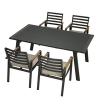 Ensemble de salle à manger de jardin extérieur moderne en aluminium et teck, 7 pièces, avec table rectangulaire 6 places et chaises