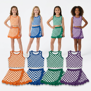 Ensembles de vêtements de yoga pour bébés filles et enfants : chemises sans manches à carreaux, jupes à volants et shorts - Product Image 1