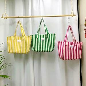 Customizable <b>Large</b> Cotton <b>Tote</b> <b>Bag</b> Colorful Striped Yarn-Dyed Fabric Water Resistant Logo Label <b>for</b> Open Shopping <b>Travel</b> Beach - Product Image 5