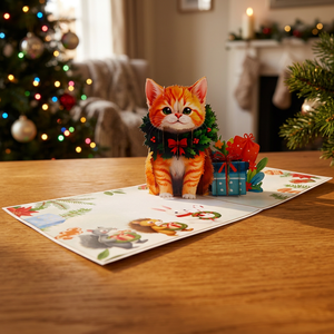 Tarjeta de felicitación navideña 3D emergente, lindo gatito naranja con corona, animal de dibujos animados, manualidad en papel, regalo navideño - Product Image 1