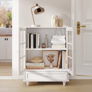 Minimalist White Buffet Cabinet with Double Glass Doors and Drawer Modern Wooden <b>Storage</b> Sideboard for Living Room - Product Image 3