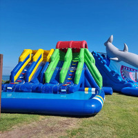 Bleu requin eau double voie château toboggan gonflable grand parc aquatique toboggan gonflable réservoir d'eau support piscine pour enfants