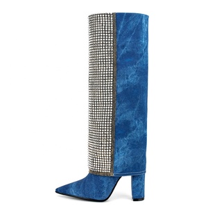 Denim Diamonds Patchwork Overlay Booties Women's Shiny Rhinestone Knee High <b>Boots</b> Blue High Chunky Heel Shoes Large Size 45 - Product Image 1