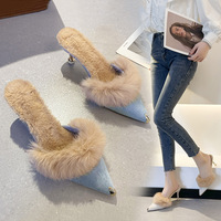 Mules à bout pointu pour femmes, en fausse fourrure, à enfiler, avec talon fin en verre, doublure en fourrure artificielle, décorées de strass, talons de soirée