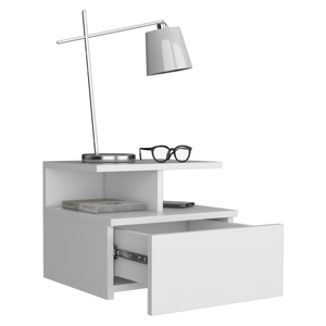 Floating Nightstand One <b>Drawer</b> White Finish Wall Mounted Bedroom <b>Storage</b> - Product Image 2
