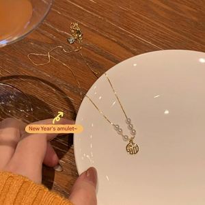 Nouvel An Bénédiction Perle Titane Acier Collier Femme Niche Conception Style Chinois Clavicule Chaîne Nouveaux Chinois Rétro Accessoires - Product Image 5